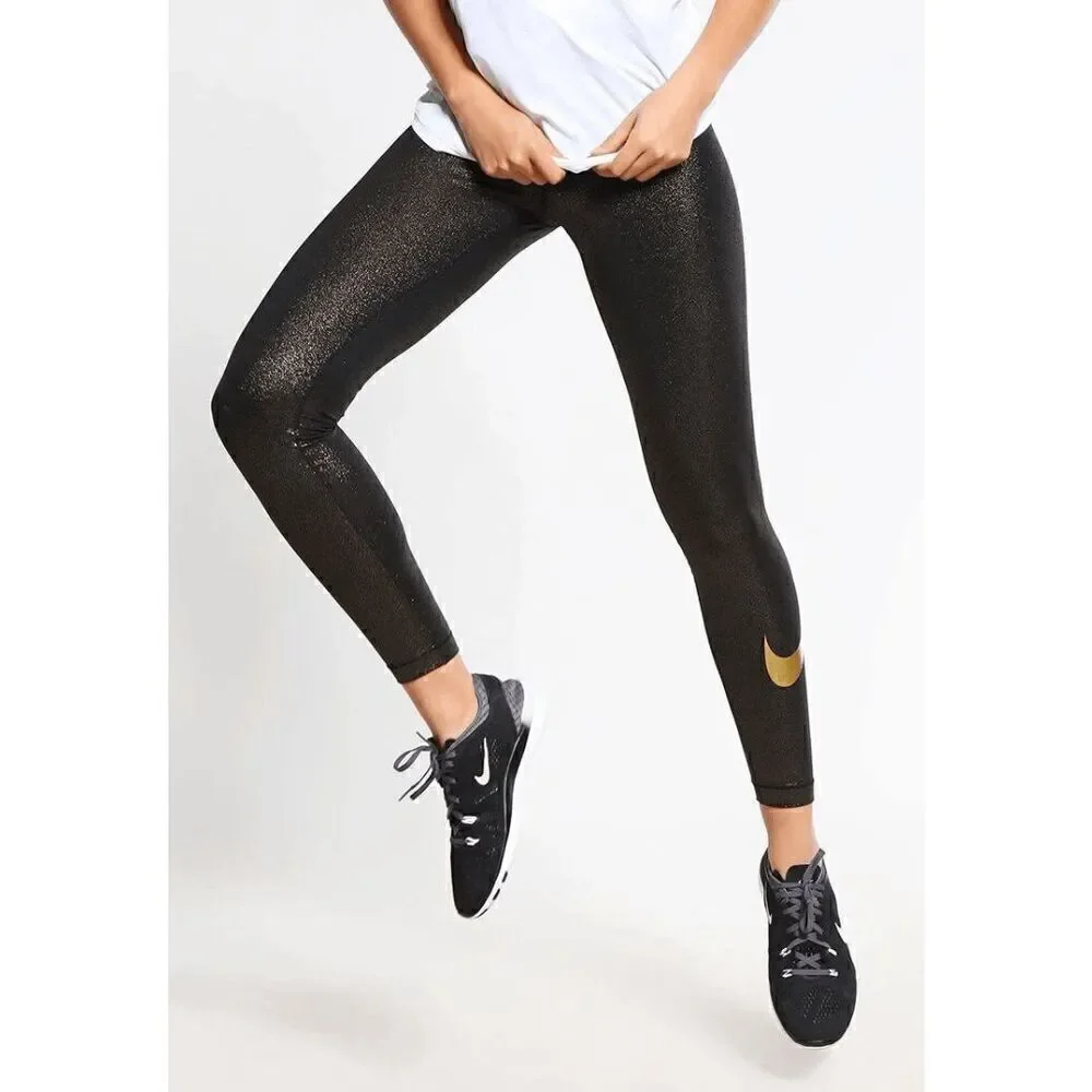 Nike Dri Fit Pro Cool Gold Black Sparkle Training Tights Leggings Small